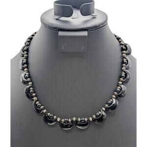 Vintage Black Onyx or Tourmaline Moon Shape Bead Silver Tone 17"-19" Necklace